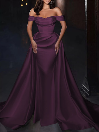 プラムカクテルドレス付き かわいいショート丈 膝丈 オフショルダー プリーツ サテン生地