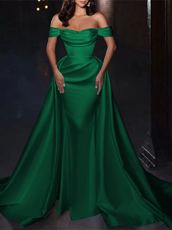 ダークグリーンカクテルドレス付き かわいいショート丈 膝丈 オフショルダー プリーツ サテン生地