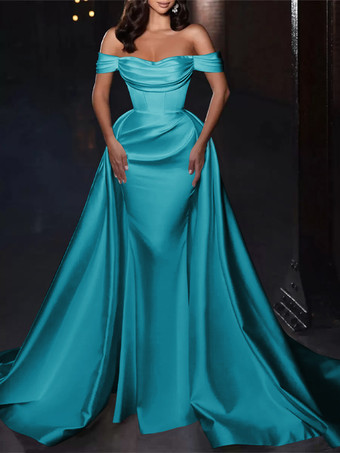 スカイブルー カクテルドレス付き かわいいショート丈 膝丈 オフショルダー プリーツ サテン生地