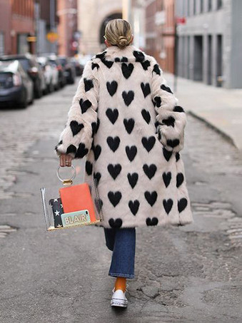 環境に優しいファーコート ハートプリント ラペル 冬 レディース フェイクファー ジャケット