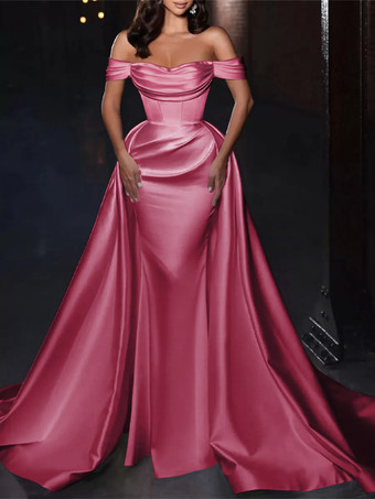 ローズレッドカクテルドレス付き かわいいショート丈 膝丈 オフショルダー プリーツ サテン生地