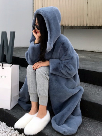 グレーブルー女性用フェイクファーコート フード付き 冬用 エコフレンドリー ロングジャケット 2025