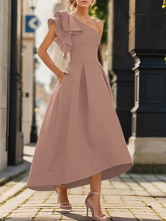 サーモンピンクブライダルマザードレス ワンショルダー ノースリーブ プリーツ アンクル丈 Aライン ウェディングゲストドレス