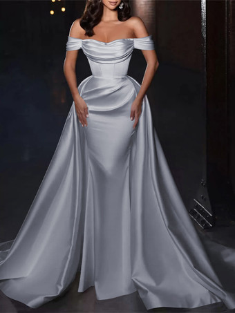 スレートグレー カクテルドレス付き かわいいショート丈 膝丈 オフショルダー プリーツ サテン生地