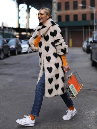 環境に優しいファーコート ハートプリント ラペル 冬 レディース フェイクファー ジャケット