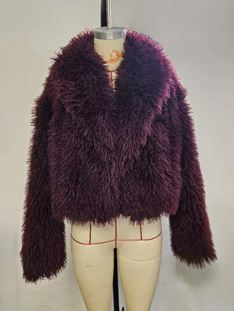 環境に優しいフェイクファージャケット バーガンディ ラペル 冬用コート アウターウェア レディース 2025