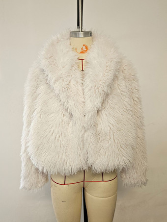 ホワイト 環境に優しいフェイクファージャケット バーガンディ ラペル 冬用コート アウターウェア レディース 2025