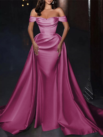 マゼンタカクテルドレス付き かわいいショート丈 膝丈 オフショルダー プリーツ サテン生地