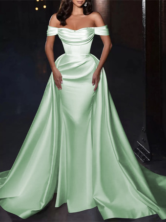 パステルグリーンカクテルドレス付き かわいいショート丈 膝丈 オフショルダー プリーツ サテン生地