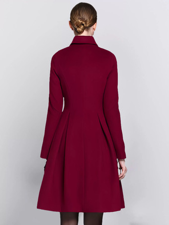 フレアウールコート バーガンディ ダブルブレスト ターンダウンカラー Aライン 冬 ミディ丈 アウターウェア レディース 2025