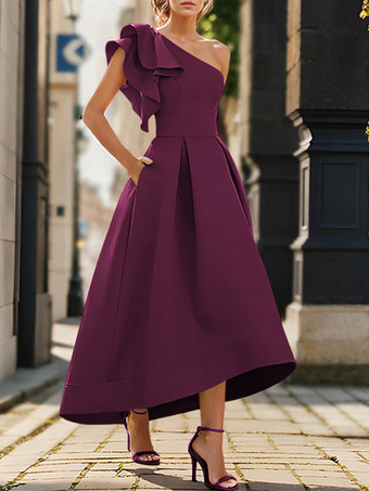 プラムブライダルマザードレス ワンショルダー ノースリーブ プリーツ アンクル丈 Aライン ウェディングゲストドレス