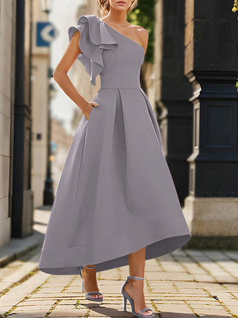 スレートグレー ブライダルマザードレス ワンショルダー ノースリーブ プリーツ アンクル丈 Aライン ウェディングゲストドレス