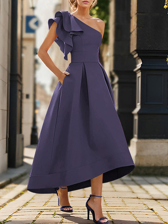 スチールブルーブライダルマザードレス ワンショルダー ノースリーブ プリーツ アンクル丈 Aライン ウェディングゲストドレス