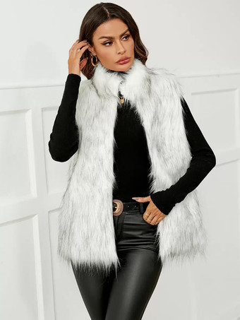 シルバー フェイクファーコート スタンドカラー ノースリーブ 冬用 着心地良い エコフレンドリー ファーベスト