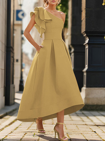 スイセン色ブライダルマザードレス ワンショルダー ノースリーブ プリーツ アンクル丈 Aライン ウェディングゲストドレス