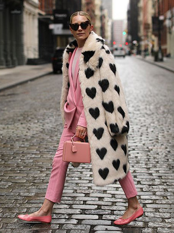 環境に優しいファーコート ハートプリント ラペル 冬 レディース フェイクファー ジャケット