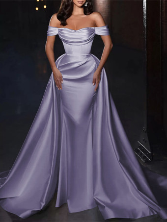 ライラックカクテルドレス付き かわいいショート丈 膝丈 オフショルダー プリーツ サテン生地