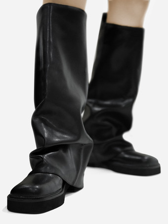 レディース スエード フラットブーツ ラウンドトゥ ルーシュ フォールドオーバー ニーハイブーツ