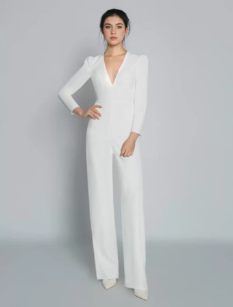 ホワイトアイボリー ブライダル ジャンプスーツ ストレッチ クレープ マキシレングス Aライン Vネック 長袖 レイズド ウエスト ウェディング ジャンプスーツ