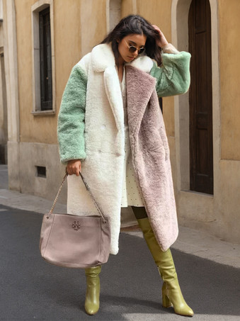 カラーブロック エコフレンドリーコート ノッチドラペル フロントボタン フルレングス フェイクファージャケット