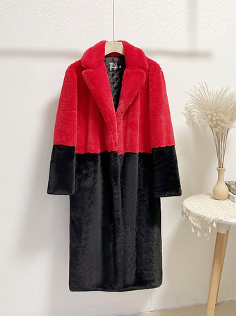 レッド 女性用フェイクファーコート ツートンロングエコフレンドリーファーコート