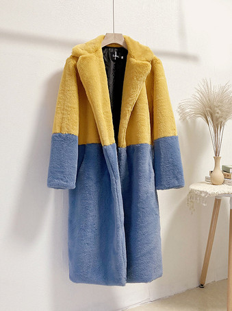 スイセン色女性用フェイクファーコート ツートンロングエコフレンドリーファーコート