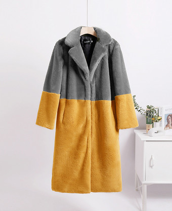 グレイ女性用フェイクファーコート ツートンロングエコフレンドリーファーコート