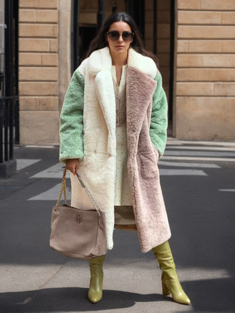 カラーブロック エコフレンドリーコート ノッチドラペル フロントボタン フルレングス フェイクファージャケット