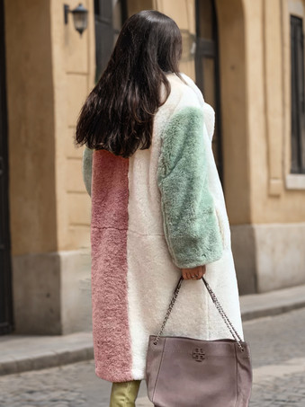 カラーブロック エコフレンドリーコート ノッチドラペル フロントボタン フルレングス フェイクファージャケット