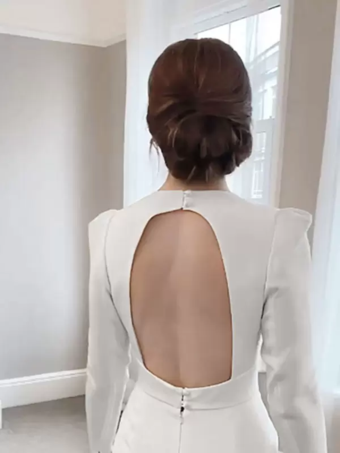 アイボリーアイボリー ブライダル ジャンプスーツ ストレッチ クレープ マキシレングス Aライン Vネック 長袖 レイズド ウエスト ウェディング ジャンプスーツ