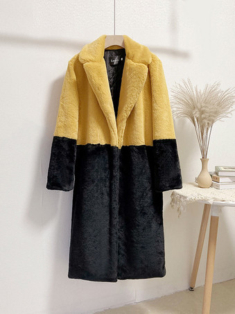 イエロー女性用フェイクファーコート ツートンロングエコフレンドリーファーコート