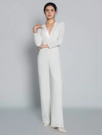 アイボリー ブライダル ジャンプスーツ ストレッチ クレープ マキシレングス Aライン Vネック 長袖 レイズド ウエスト ウェディング ジャンプスーツ