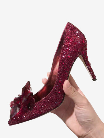 バーガンディーレディース クリスタル ラインストーン ブライダル パンプス イブニングヒール