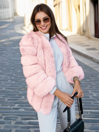 ピンク ふわふわフェイクファーコート クルーネック 冬 エコフレンドリー ファージャケット レディース 2025