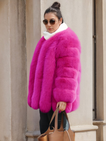 ローズレッドふわふわフェイクファーコート クルーネック 冬 エコフレンドリー ファージャケット レディース 2025