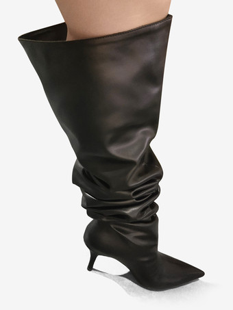 ブラック スラウチブーツ ハイヒール ポインテッドトゥ ニーハイブーツ