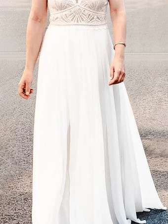 アイボリー ボヘミアン ウェディングドレス ポリエステル レース Aライン トレーン バックレス ノースリーブ Vネック ブライダルドレス 自由なカスタマイズ