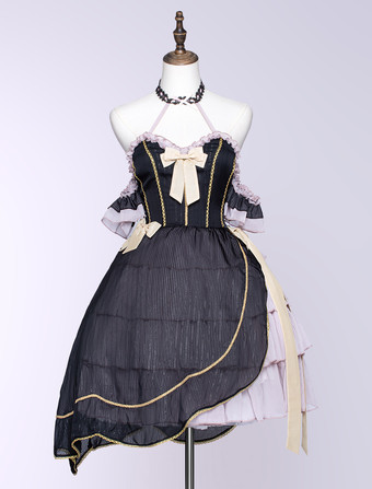 Klassisches Lolita-Kleid Elegantes gotisches asymmetrisches Lolita-Kleid mit Schleifen-Akzenten Polyester Ärmellos