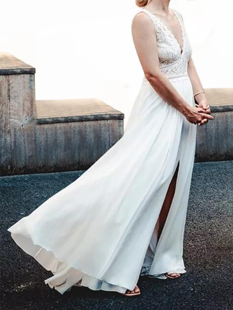 アイボリー ボヘミアン ウェディングドレス ポリエステル レース Aライン トレーン バックレス ノースリーブ Vネック ブライダルドレス 自由なカスタマイズ