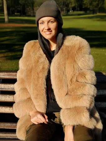 ラクダ色 ふわふわフェイクファーコート クルーネック 冬 エコフレンドリー ファージャケット レディース 2025