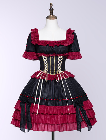 Lolitashow Vestidos góticos de lolita con lazos y cordones para Halloween en rojo y negro