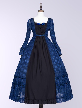 Classical Lolita Dress Polyester Ruffles Long Sleeves Lolita Dresses Jacquard Classic Dark Navy