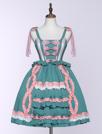 Victorian-Inspired Vintage Rococo-Style Green Lolita Dress with Pink Bows and Lace