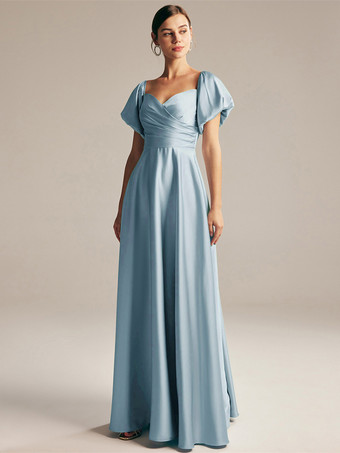 ベビーブルーブライドメイドドレス Aライン マキシレングス ジッパー サテン生地 プロムドレス