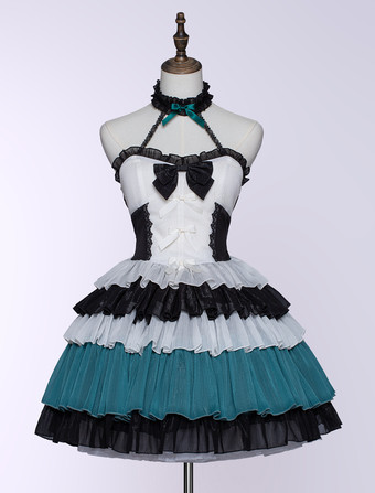 Lolitashow JSK Gothic Lolita Kleider Stufenrüschen Farbblock Weiß