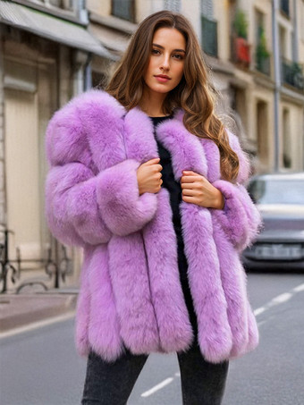 パープル ふわふわフェイクファーコート クルーネック 冬 エコフレンドリー ファージャケット レディース 2025