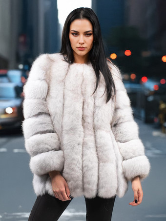 アイボリー ふわふわフェイクファーコート クルーネック 冬 エコフレンドリー ファージャケット レディース 2025