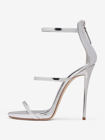 シルバー ブラックハイヒールサンダル ストラップ付きオープントゥ スティレットヒール ドレスシューズ