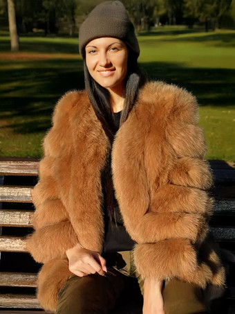 ブラウンふわふわフェイクファーコート クルーネック 冬 エコフレンドリー ファージャケット レディース 2025