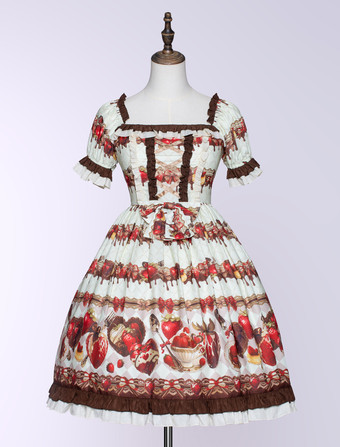 Lolitashow Sweet Lolita Dress Strawberry Chocolate Cake Prints Polyester Short Sleeves Tea Party Lolita Dress